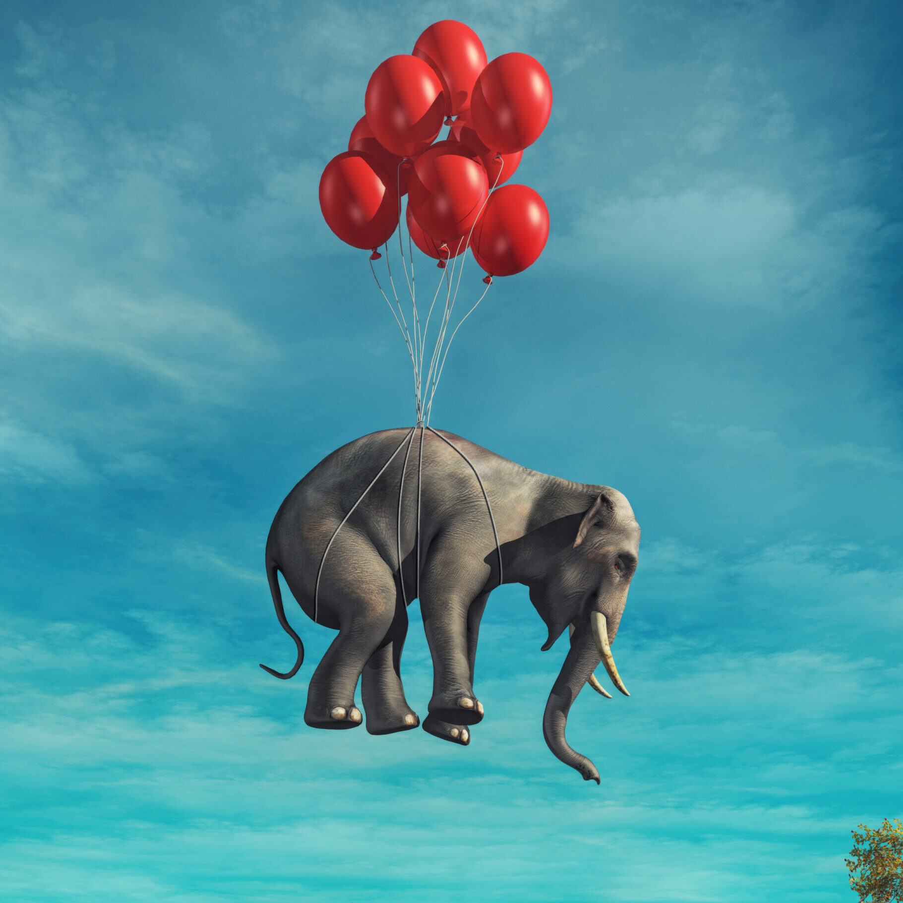 Conceptual image of an elephant flying red balloons tied. This is a 3d render illustration